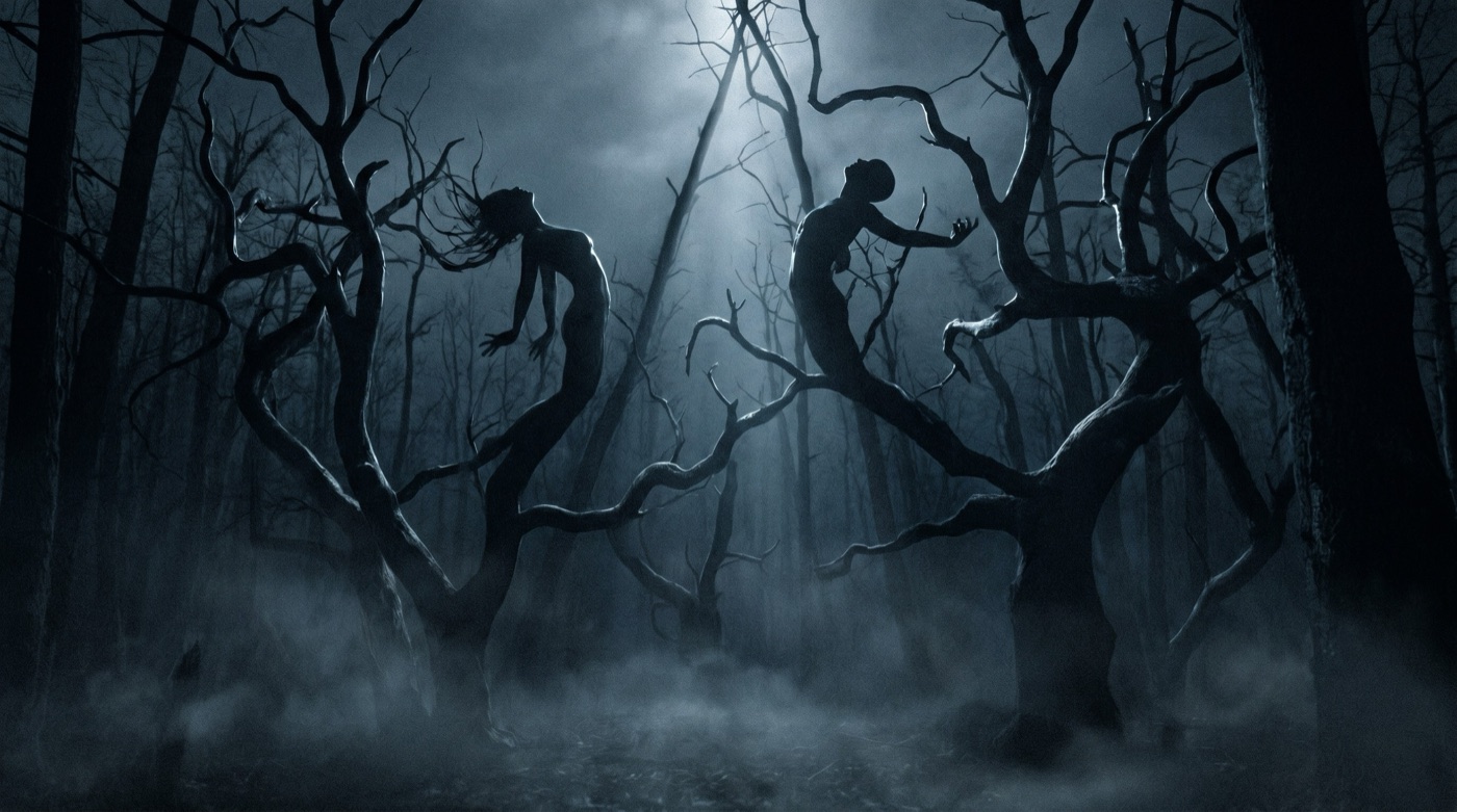 Storyboard frame from Brush With Darkness — a moonlit forest