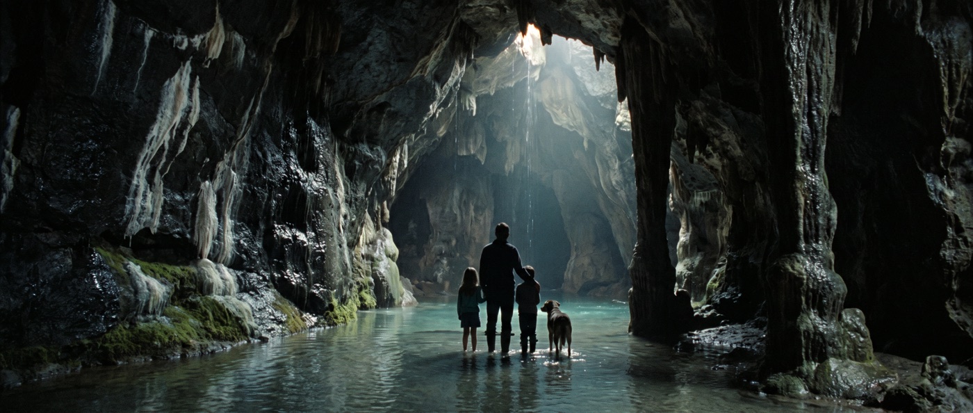 Still from What the Cave Remembers — a family in a vast cave chamber