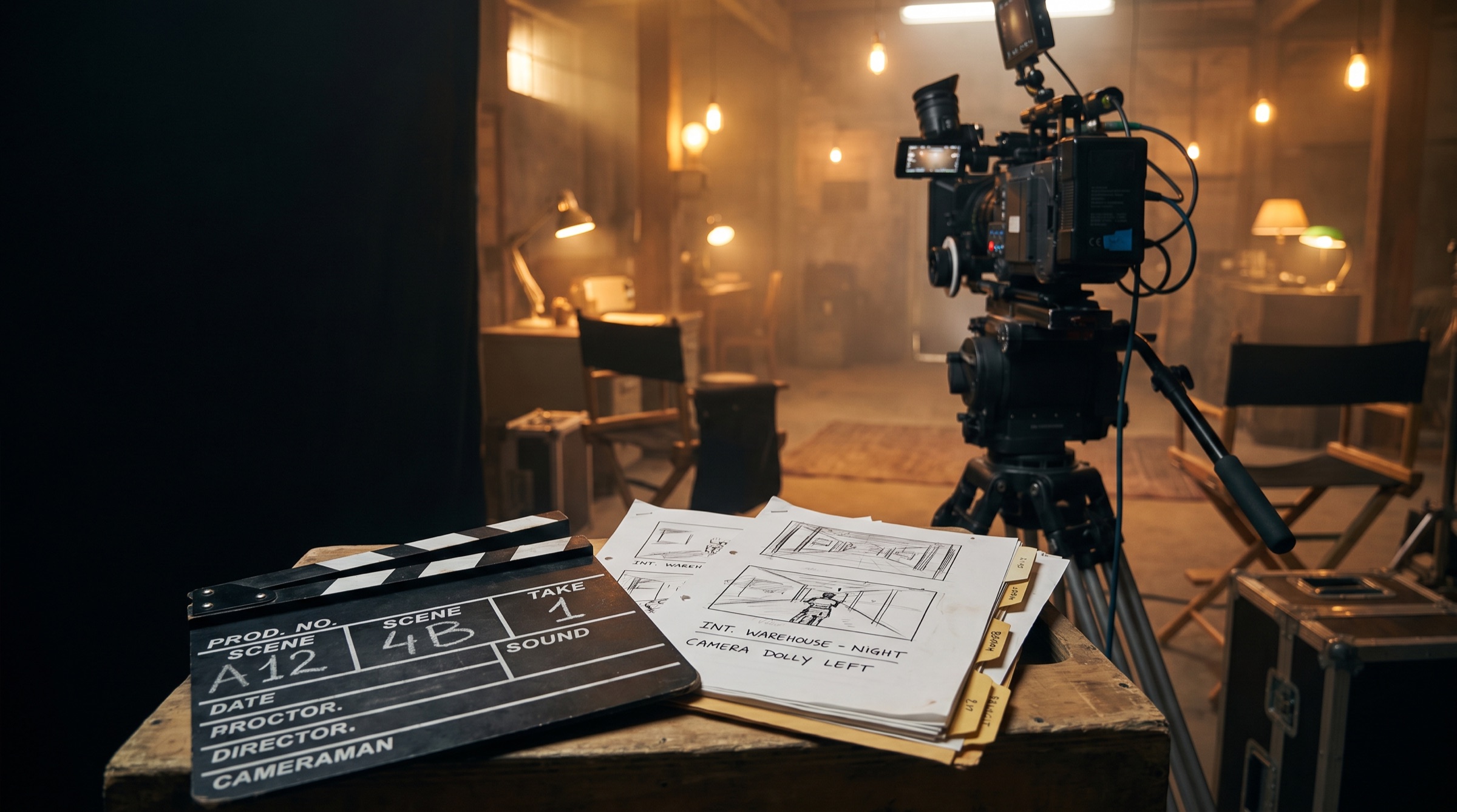 V2 Entertainment film set — camera, clapperboard and storyboards